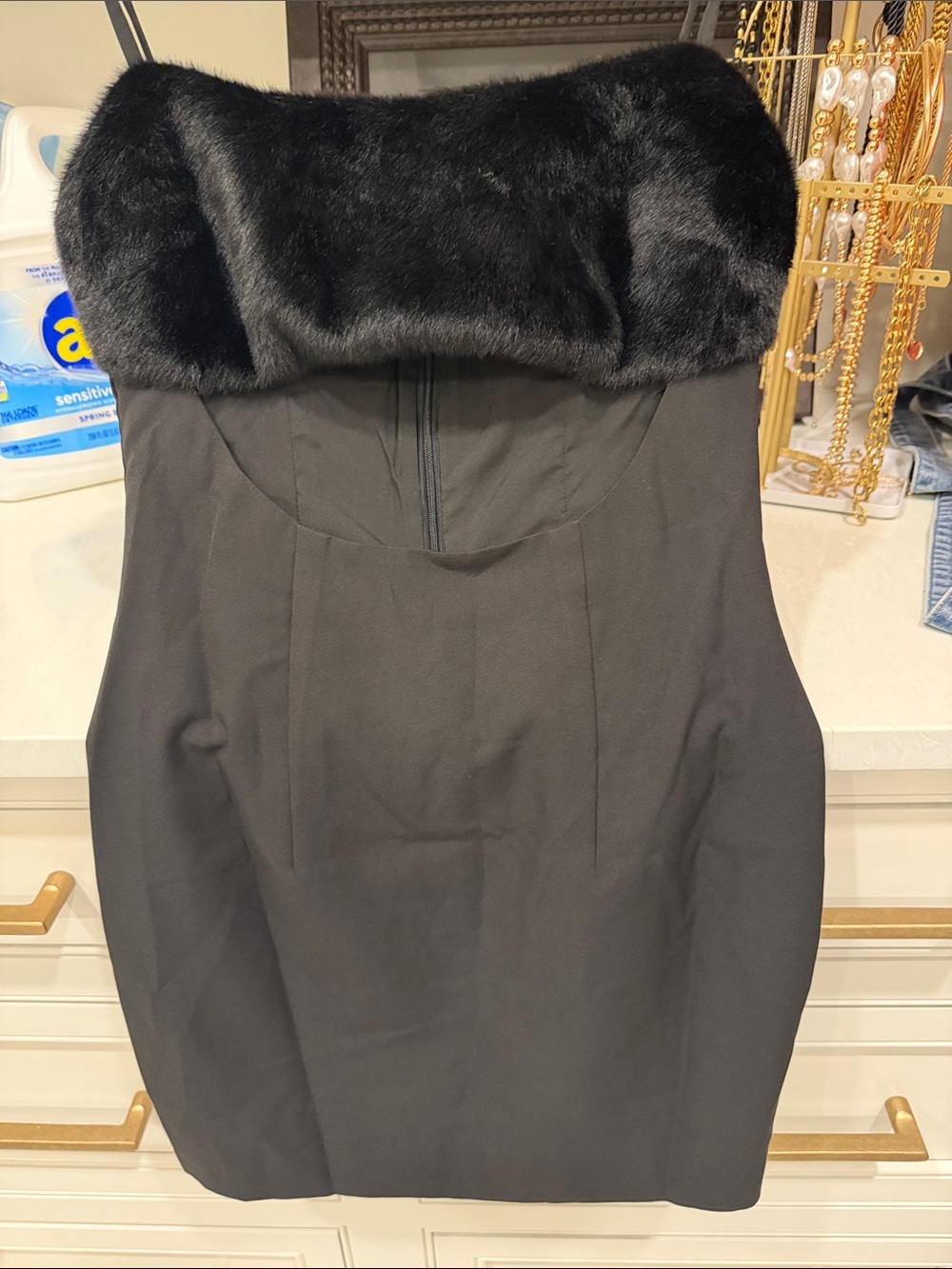 naked wardrobe Black Strapless Dress with Faux Fur Trim
